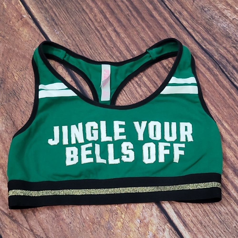 Victoria's Secret PINK Holiday Green Sports Bra Jingle Your Bells Off